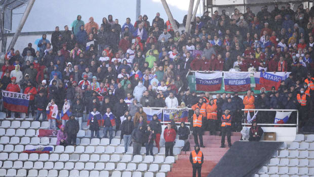 Russian soccer fans pictured in 2021 during their team's 1-0 defeat by Croatia in Split